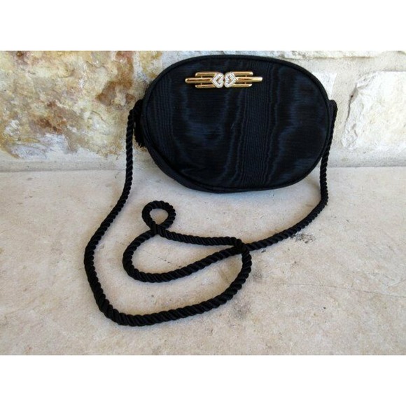 Monet Black Satin Evening Purse Crossbody Handbag Rope Strap Gold Pin - Picture 1 of 6